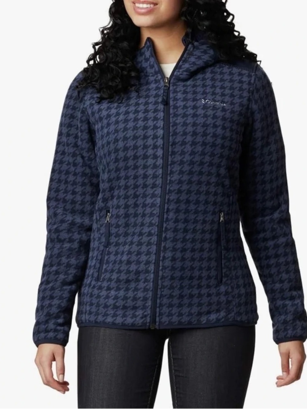 Columbia Women's Black and Gray Houndstooth Full-Zip Fleece Jacket